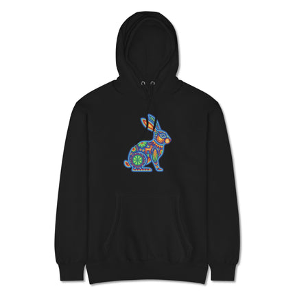 Vibrant Huichol rabbit pattern pullover hoodie inspired by colorful Mexican folk art.