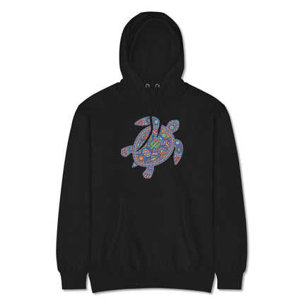 Vibrant Huichol turtle graphic hoodie featuring Mexican folk art pullover fleece design.