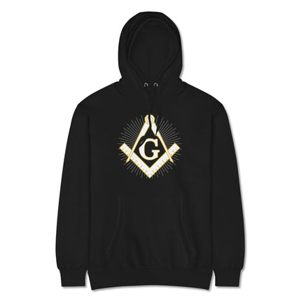 Masonic Square and Compass logo print on black fleece hoodie.