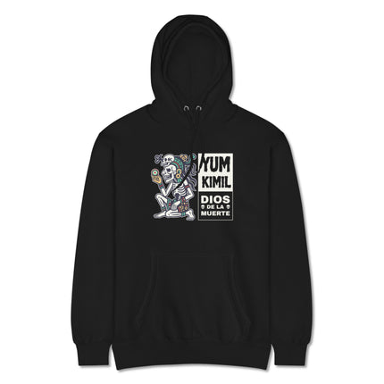 Mayan Death God skeleton graphic hoodie featuring Mesoamerican deity art print.