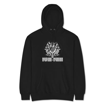 Viking graphic hoodie featuring Odin and his ravens, Huginn & Muninn Norse mythological design.