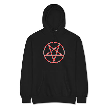 Red pullover hoodie featuring an occult inverted pentagram witchcraft graphic print.