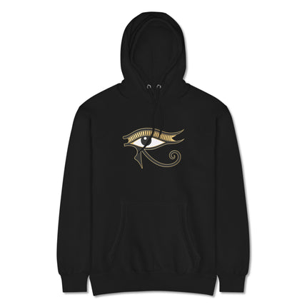 Unisex hoodie featuring the Egyptian Eye of Horus symbol print from ancient culture.