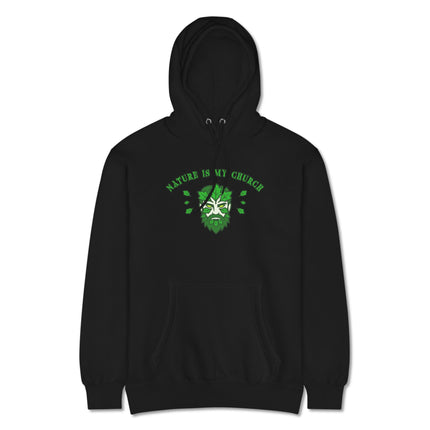Green Man nature motif graphic printed on an earthy green pagan pullover fleece hoodie.