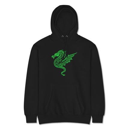Green hoodie featuring Celtic dragon knotwork graphics on a unisex pullover sweatshirt.