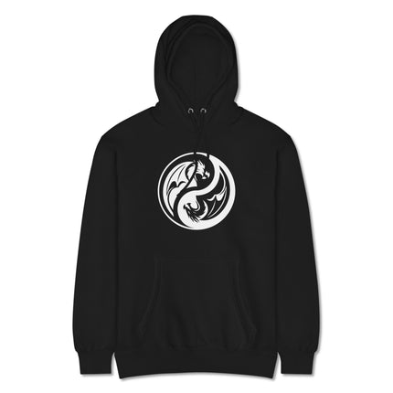 White and black dragon Yin Yang graphic printed on a unisex pullover hoodie, symbolizing Zen balance.