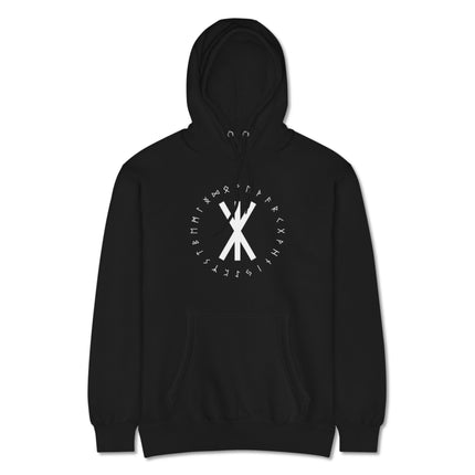 Viking strength bind rune pullover hoodie featuring the Elder Futhark alphabet design.