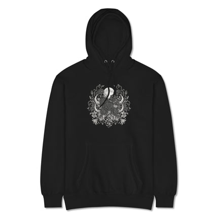 Black hoodie with celestial design featuring moons and dark roses.