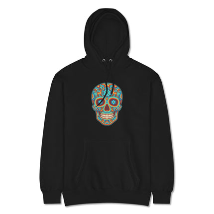 Colorful Huichol sugar skull design printed on a vibrant Day of the Dead pullover hoodie.