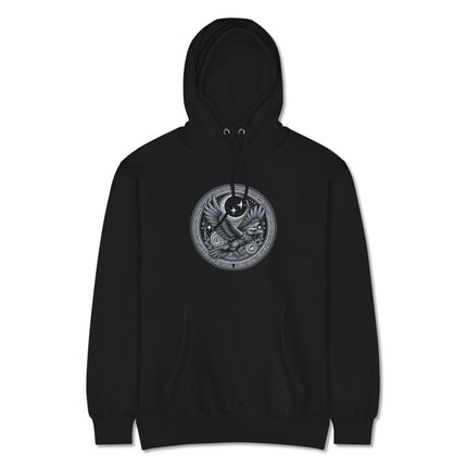 Viking-style hoodie featuring a raven, moon, and mythical Norse bird graphic print.