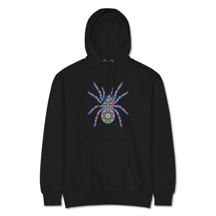 Vibrant Huichol tarantula spider pullover hoodie, featuring colorful Mexican folk art designs.