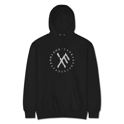 Unisex hoodie featuring Norse Viking Elder Futhark rune symbols and luck bind design.