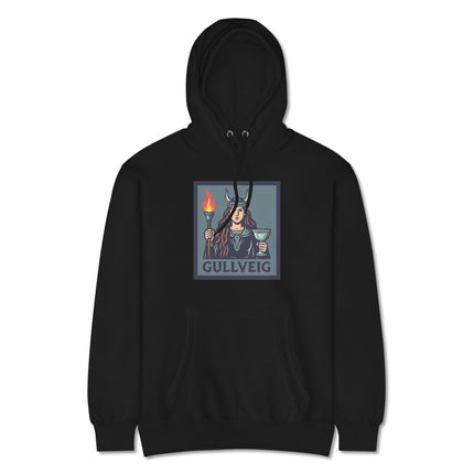 Gullveig Goddess Hoodie featuring Norse mythology art, a magical torch, and Viking chalice design.