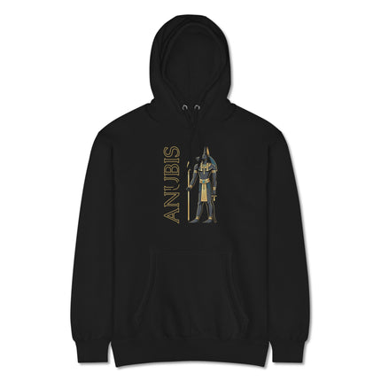 Anubis Egyptian god graphic printed on a unisex pullover hoodie with ancient Egypt text.