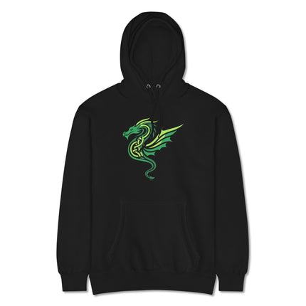 Green and black unisex hoodie featuring a striking Celtic dragon graphic print.