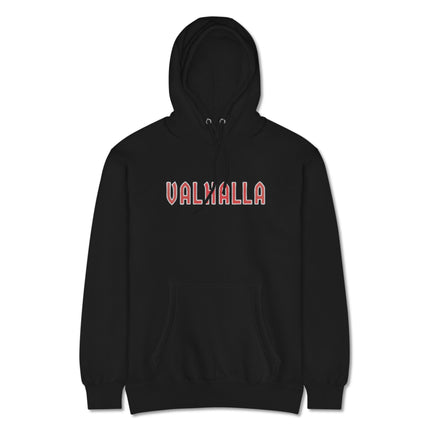 Valhalla Norse Mythology hoodie featuring Viking graphic print text on a comfortable fleece pullover.