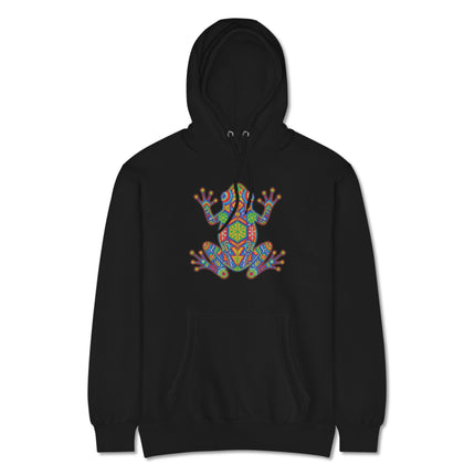 Vibrant Huichol art frog graphic printed on a cozy Mexican indigenous style pullover hoodie.