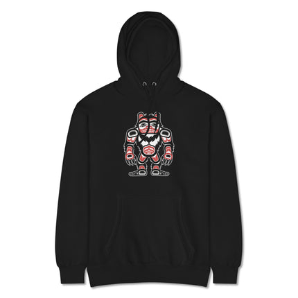 Tribal formline Sasquatch artwork on a pullover hoodie inspired by Pacific Northwest Indigenous culture.