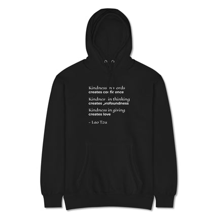 Lao Tzu kindness quote hoodie featuring inspirational messages on confidence and love.