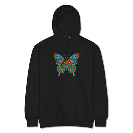 Vibrant Huichol butterfly pattern on a pullover hoodie, showcasing colorful indigenous Mexican folk art design.