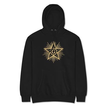 Masonic Blazing Star graphic hoodie pullover featuring enlightenment symbols.