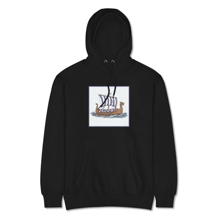 Viking longship hoodie with Norse ship graphic, striped sails, and warrior shield print.