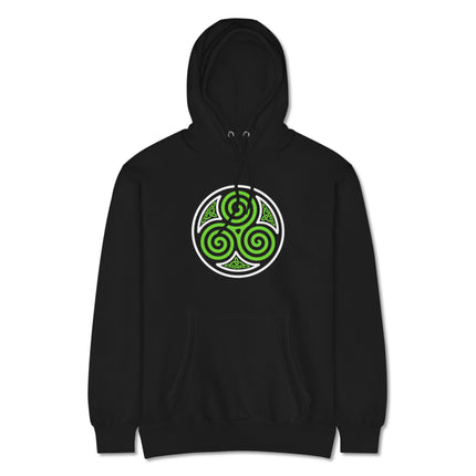 Green Celtic Triskelion triple spiral graphic on unisex pullover fleece hoodie.
