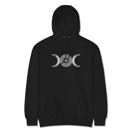Hekate's Wheel Triple Moon Goddess pagan witchcraft design on a unisex pullover hoodie.