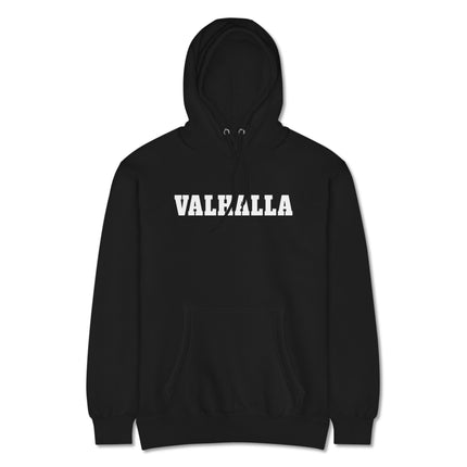 Norse Valhalla pullover hoodie featuring a bold Viking-inspired graphic design and powerful mythological text print.