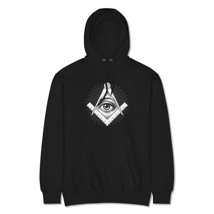 All-Seeing Eye Square and Compass esoteric symbol graphic on a black pullover hoodie.