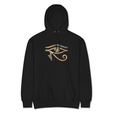 Gold and blue Eye of Horus symbol on an ancient Egyptian style pullover hoodie.
