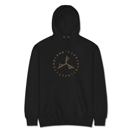 Norse rune hoodie featuring Futhark runes in a circular Viking design.