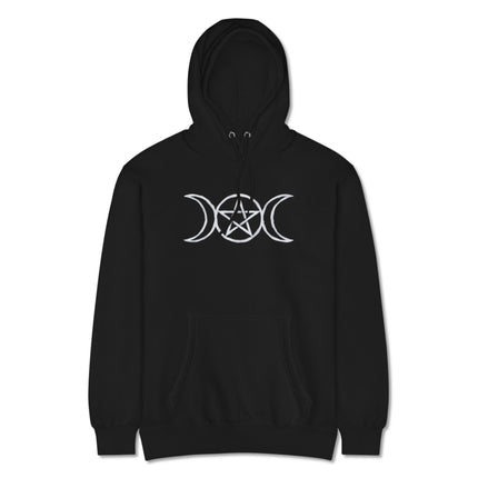 Wiccan goddess triple moon pentagram witchy symbol print hoodie pullover fleece.