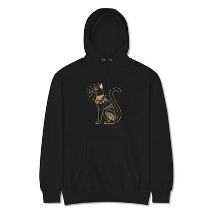 Ancient Egyptian Bastet cat pullover hoodie featuring celestial gold star print design.