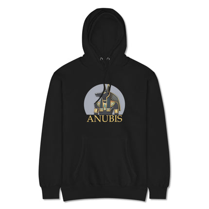 Anubis ancient Egyptian god graphic hoodie with text print. Unisex pullover fleece sweatshirt.