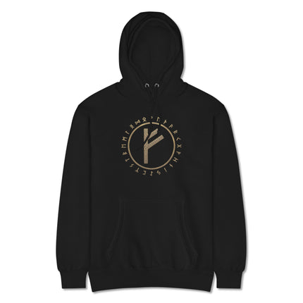 Norse Fehu Rune symbol hoodie featuring the circular Elder Futhark Viking rune design.
