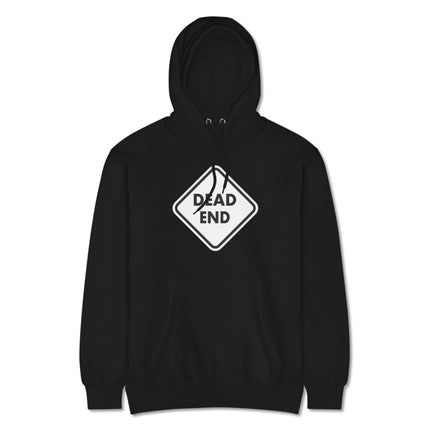 Dead end sign graphic printed on black pullover hoodie sweatshirt.