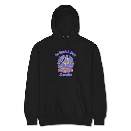 Om Namah Shivaya mantra graphic on a spiritual Shiva meditation hoodie pullover.