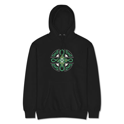 Green and gold Celtic cross hoodie featuring intricate Irish knotwork design.