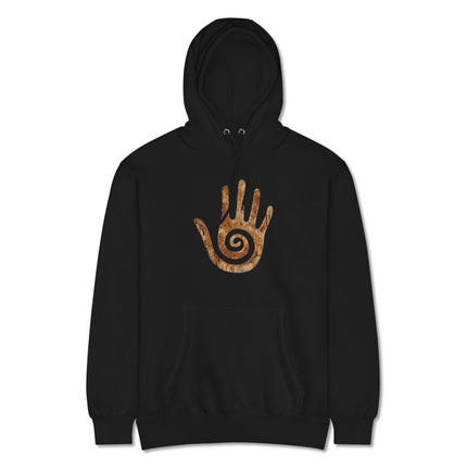 Hopi healing hand symbol and native American spiral design on a comfortable pullover hoodie.