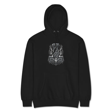 Norse Mjolnir hammer and lightning bolt graphic on a unisex Viking hoodie pullover.