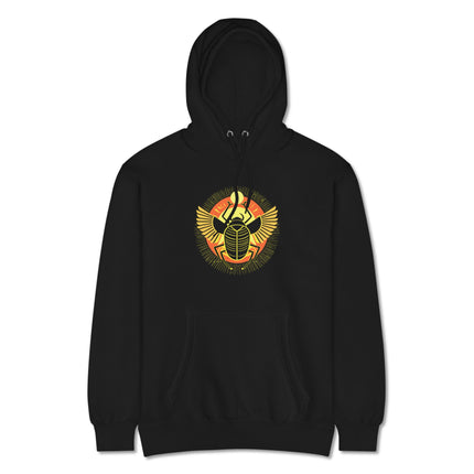 Ancient Egyptian Khepri scarab hoodie featuring winged design and mythology print.