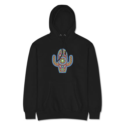 Huichol cactus pattern pullover hoodie featuring vibrant Mexican indigenous art print.