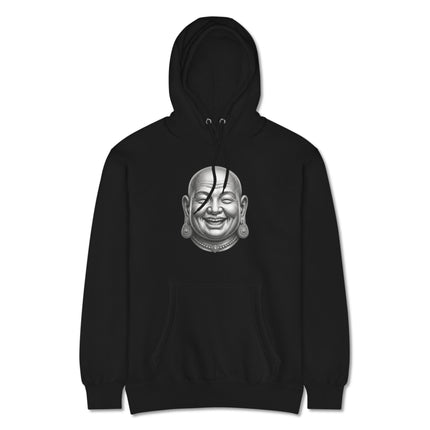 Laughing Buddha Hotei head graphic printed on a comfortable Zen Buddhist pullover hoodie.