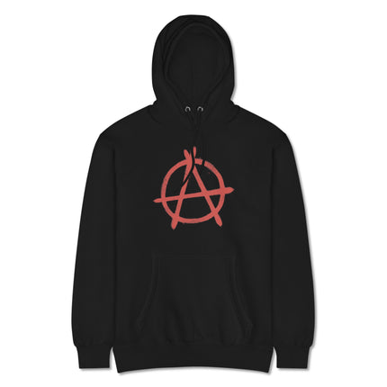 Red anarchy symbol graphic pullover hoodie with distressed print for unisex wear.