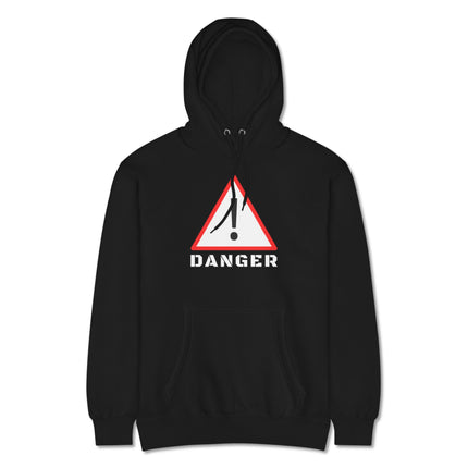 DANGER warning sign pullover hoodie with bold exclamation mark graphic print.
