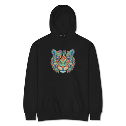 Vibrant Huichol jaguar artwork printed on a comfortable Mexican folk art pullover hoodie.