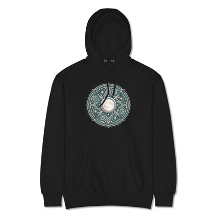 Celestial hoodie print featuring Arianrhods Wheel, Celtic mythology motifs, and detailed moon mandala design.