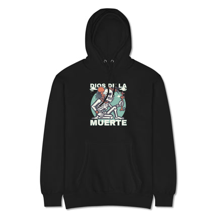 Mayan Skeleton Death God Mythology graphic print on black pullover hoodie.