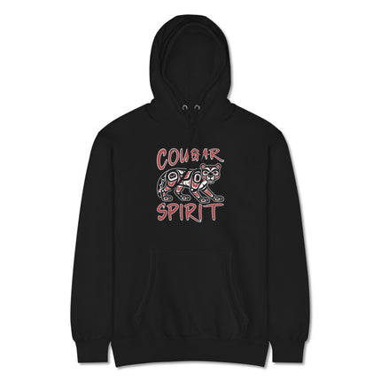 Mountain lion graphic hoodie featuring indigenous art cougar spirit design on fleece pullover.
